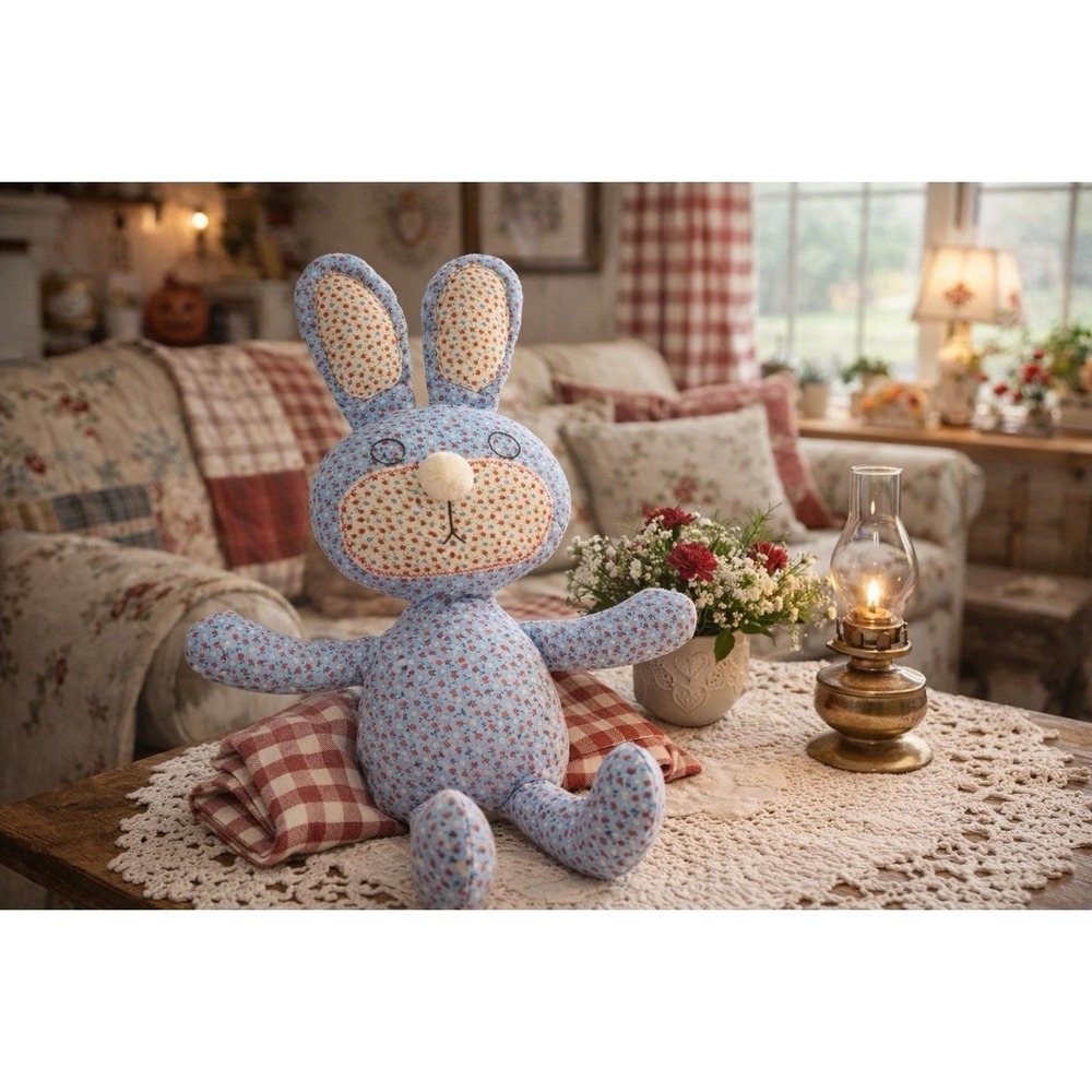 VTG Handmade Floral Bunny Plush Blue Calico Stuffed Rabbit Toy 17" Cottagecore‎